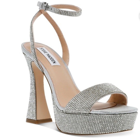 Steve Madden Silver Glitter Rhinestones Platform Heels sz 9.5 nwb - Picture 1 of 4